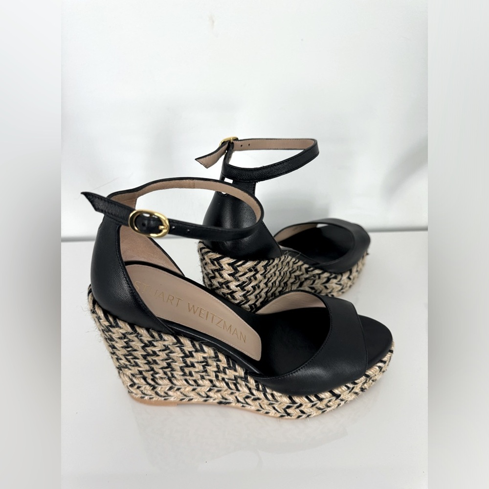 STUART WEITZMAN Wedge Espadrilles Black Leather and Neutral Black Woven Heels 7